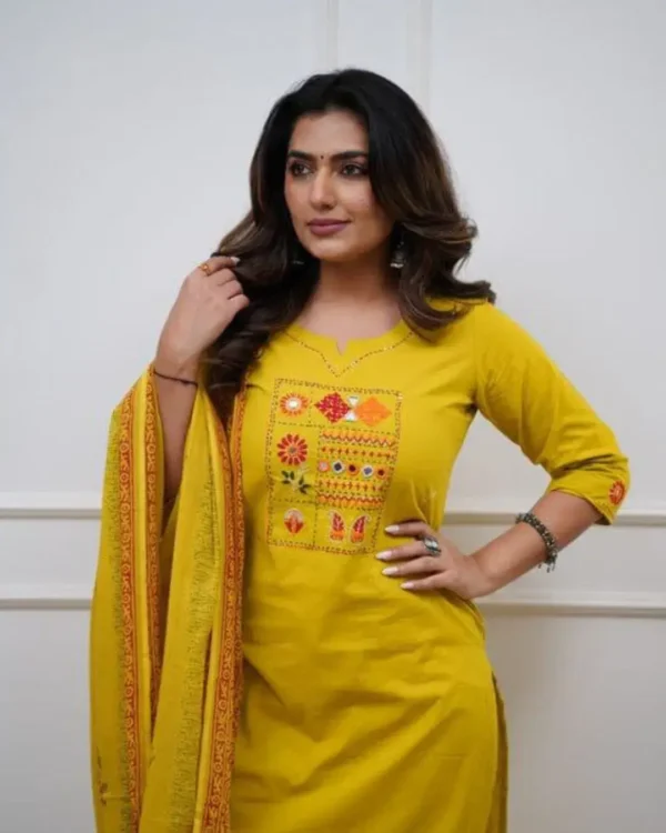 Yellow Cotton Kurti Pant Dupatta Set Front