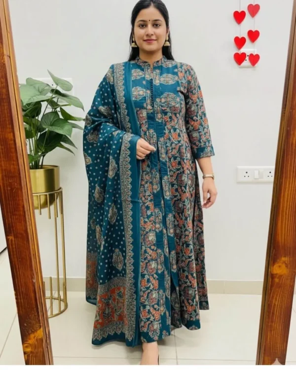 Cotton Blue Sanganeri Print Anarkali Suit Set