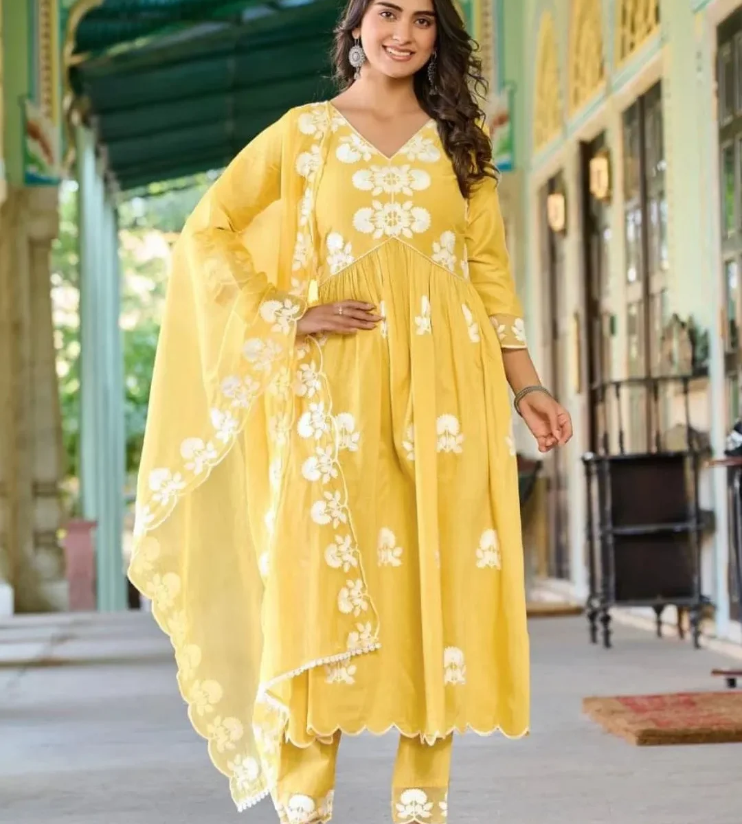 Floral Printed Cotton Yellow Suit Set