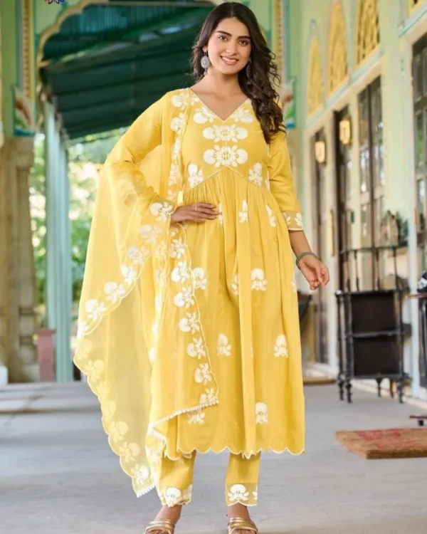 Floral Printed Cotton Yellow Suit Set