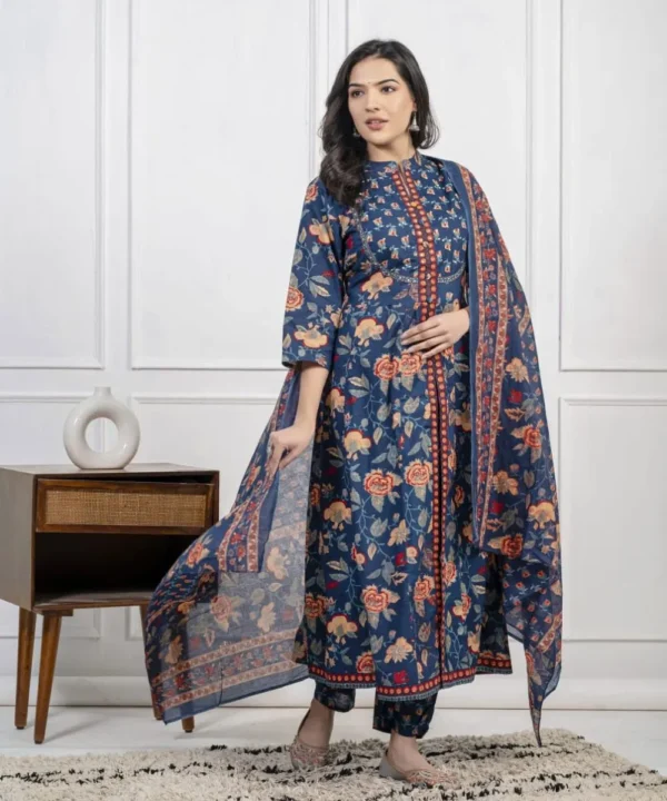 Printed Floral Blue Cotton Suit Set