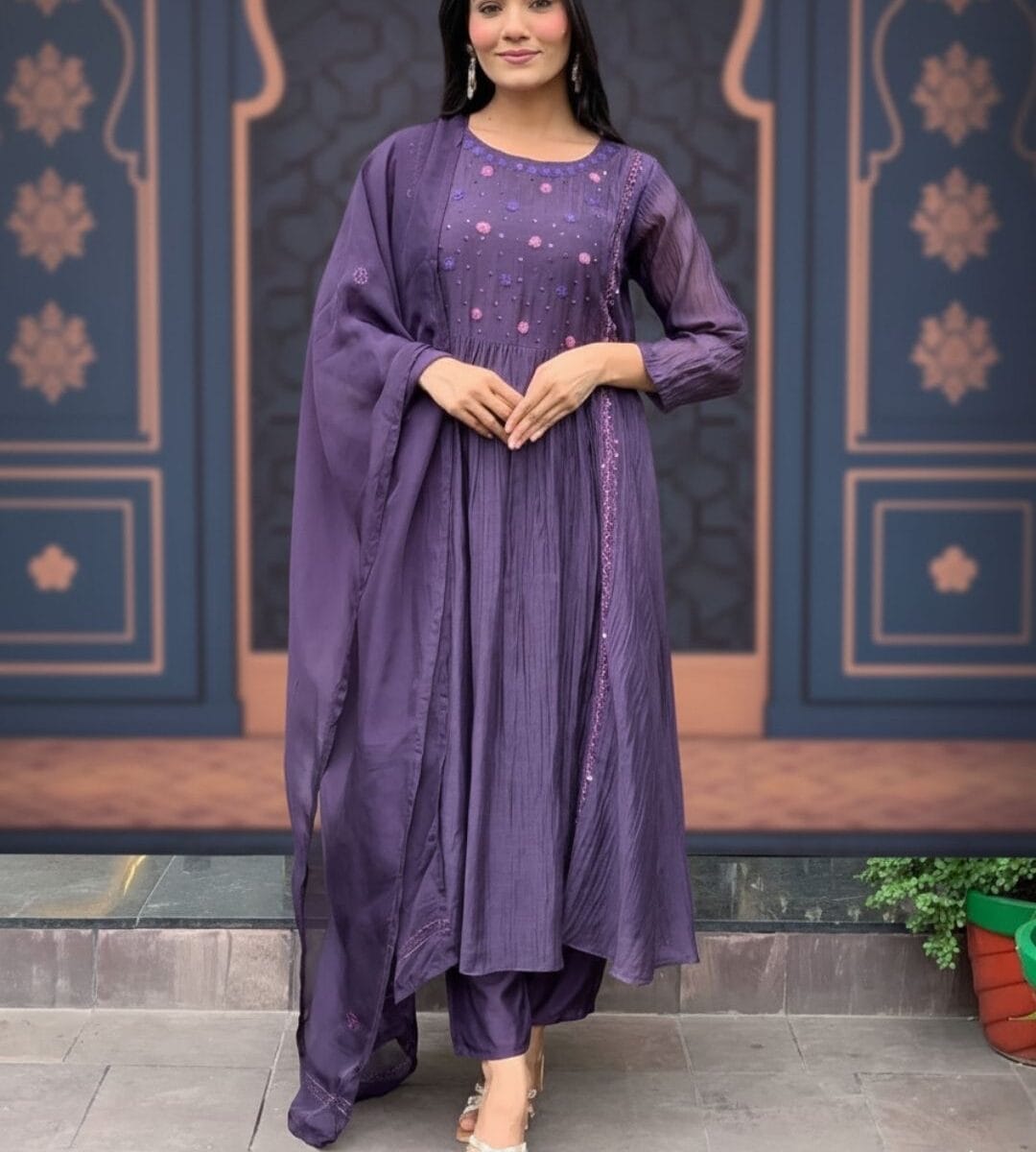 Purple Cotton Printed Suit Set