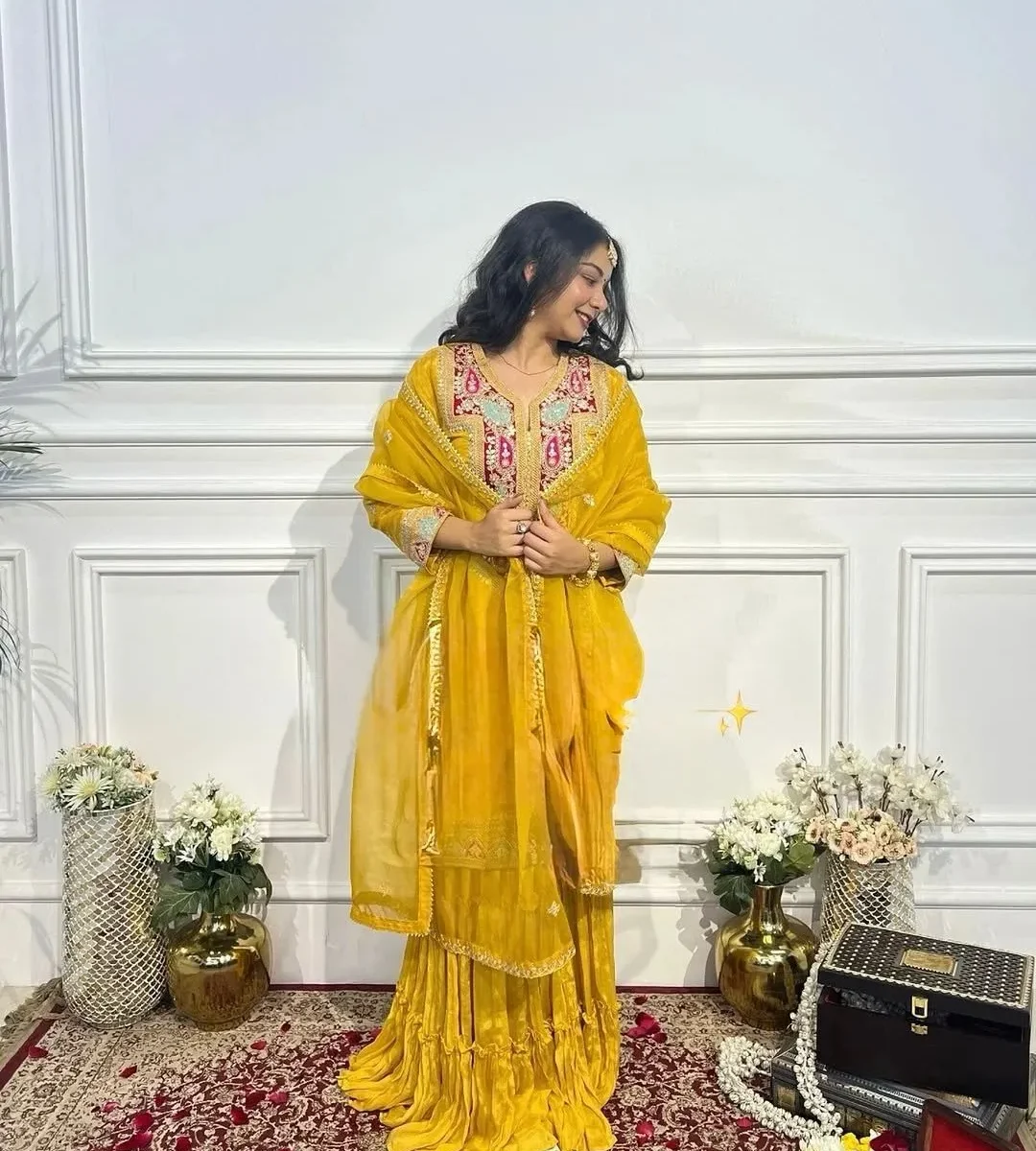 Party Wear Yellow Gharara Suit Set