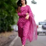Pink Cotton Printed Kurti Pant Dupatta Set