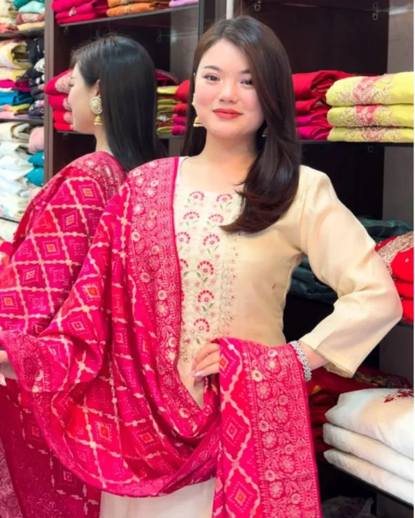 Party Wear Banana Silk Kurti Pant Dupatta Set