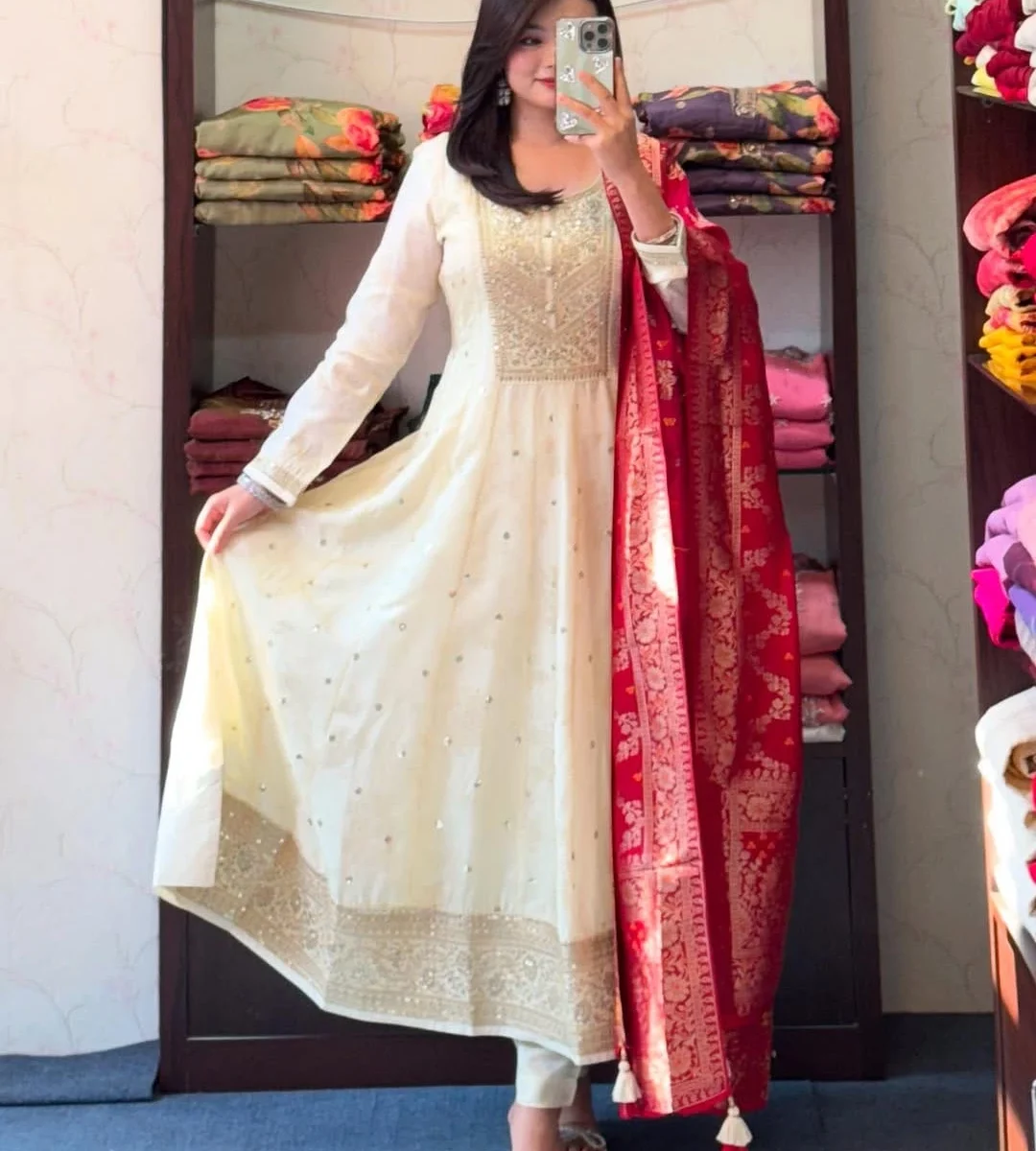 White Anarkali Dress With Red Dupatta