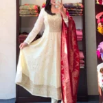 White Anarkali Dress With Red Dupatta