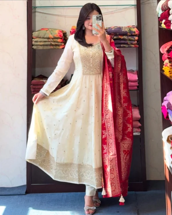 White Anarkali Dress With Red Dupatta