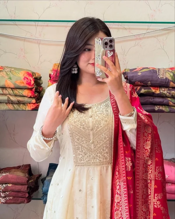 White Anarkali Dress With Red Dupatta