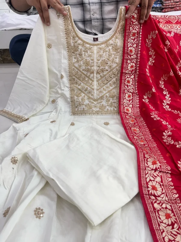 White Anarkali Dress With Red Dupatta