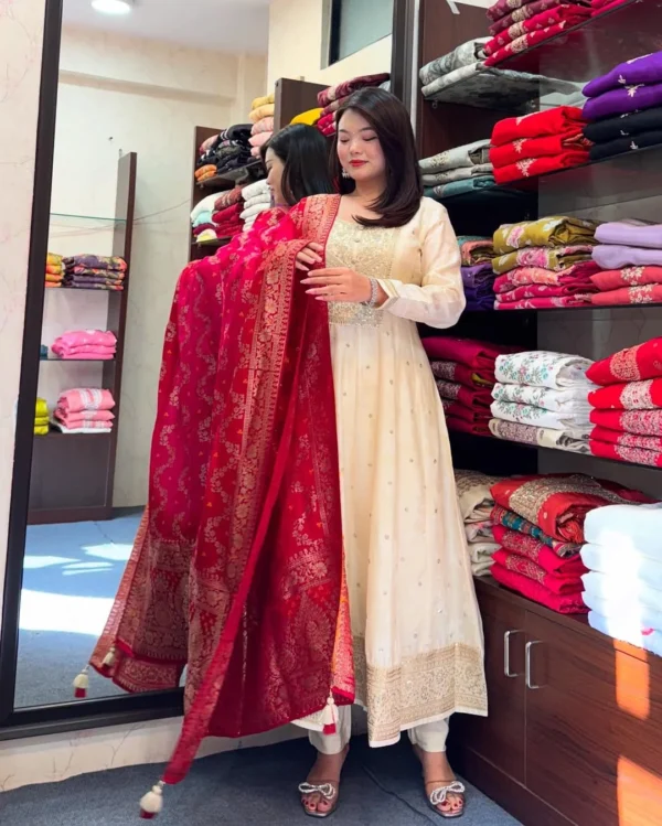 White Anarkali Dress With Red Dupatta