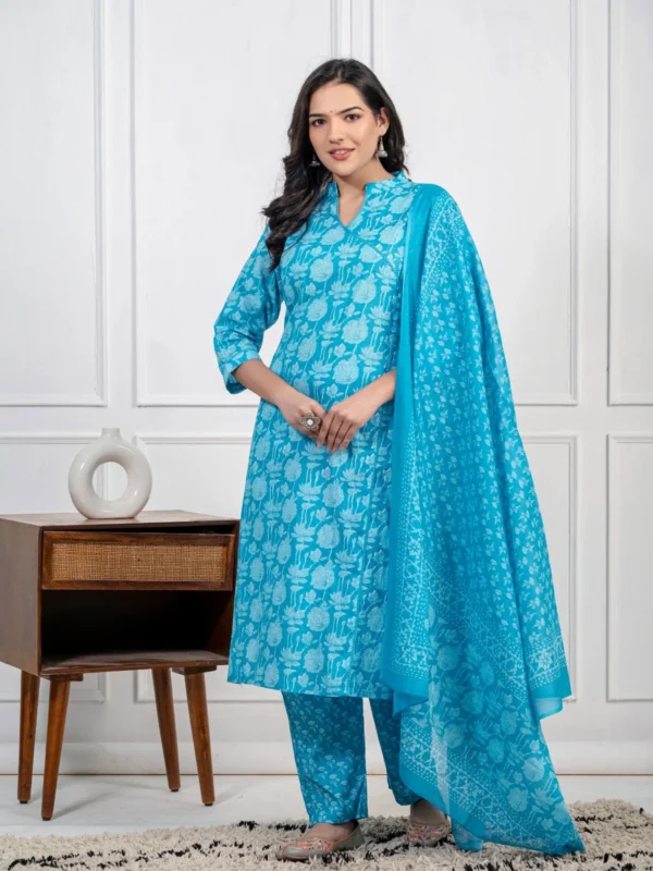 Sky Blue Cotton Kurti Pant Dupatta Set