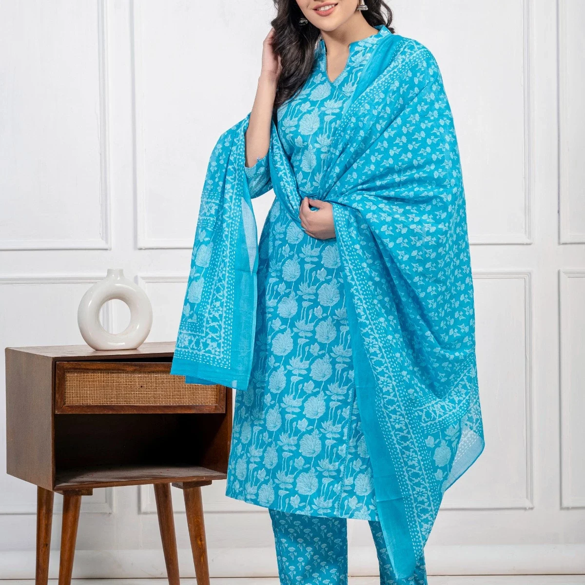 Sky Blue Cotton Kurti Pant Dupatta Set