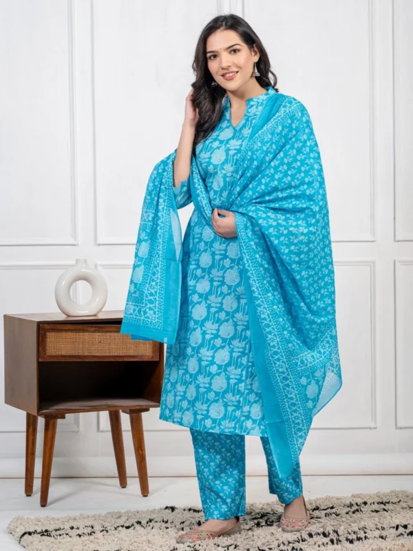 Sky Blue Cotton Kurti Pant Dupatta Set