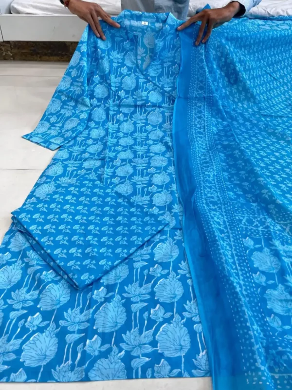Sky Blue Cotton Kurti Pant Dupatta Set