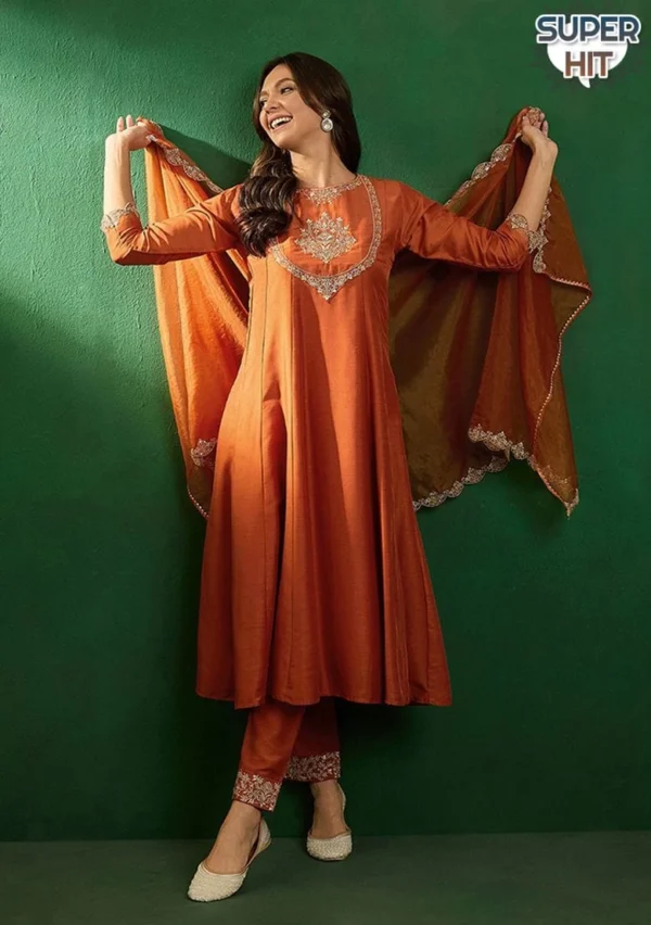 Orange Silk Kurti Pant Dupatta Set