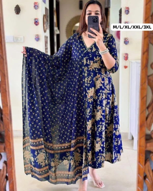 Printed Cotton Blue Kurti Pant Dupatta Set