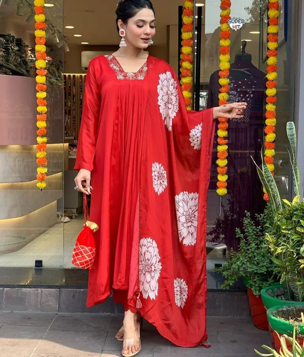Cotton Orange Kurti Pant Dupatta Set