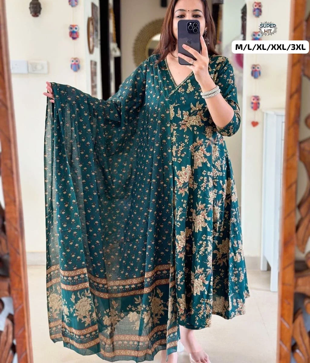 Printed Cotton Kurti Pant Dupatta Set