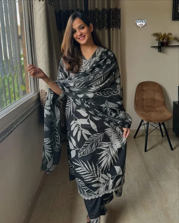 Floral Print Black Cotton Salwar Suit Set