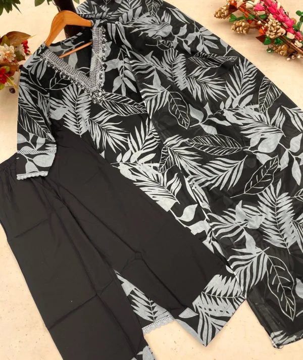 Floral Print Black Cotton Salwar Suit Set