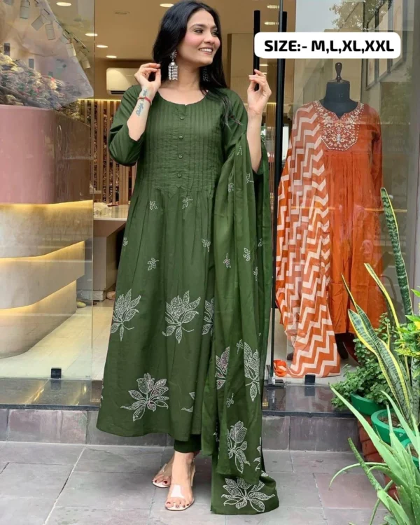 Green Cotton Sanganeri Print Anarkali Suit Set