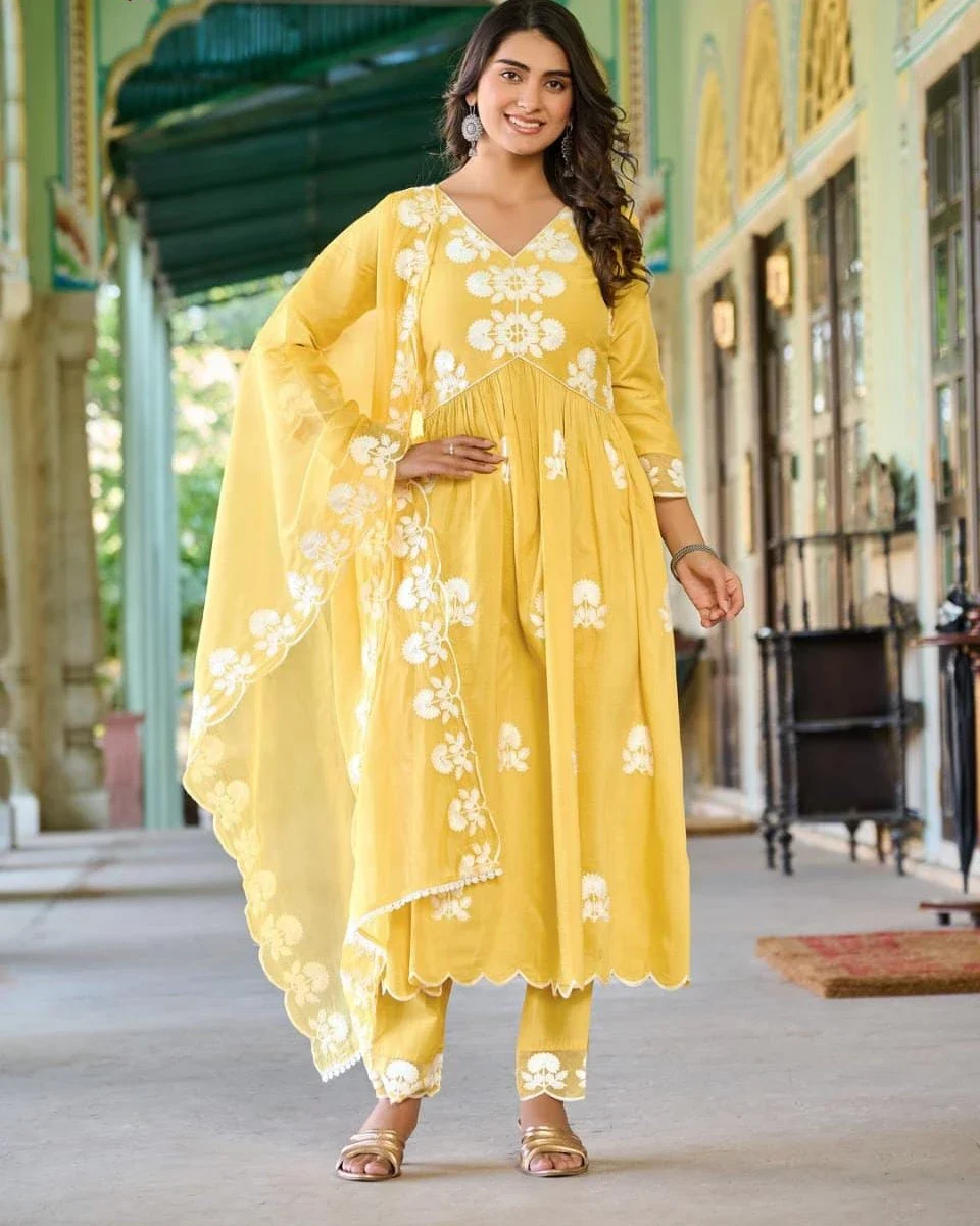 Floral Printed Cotton Yellow Suit Set