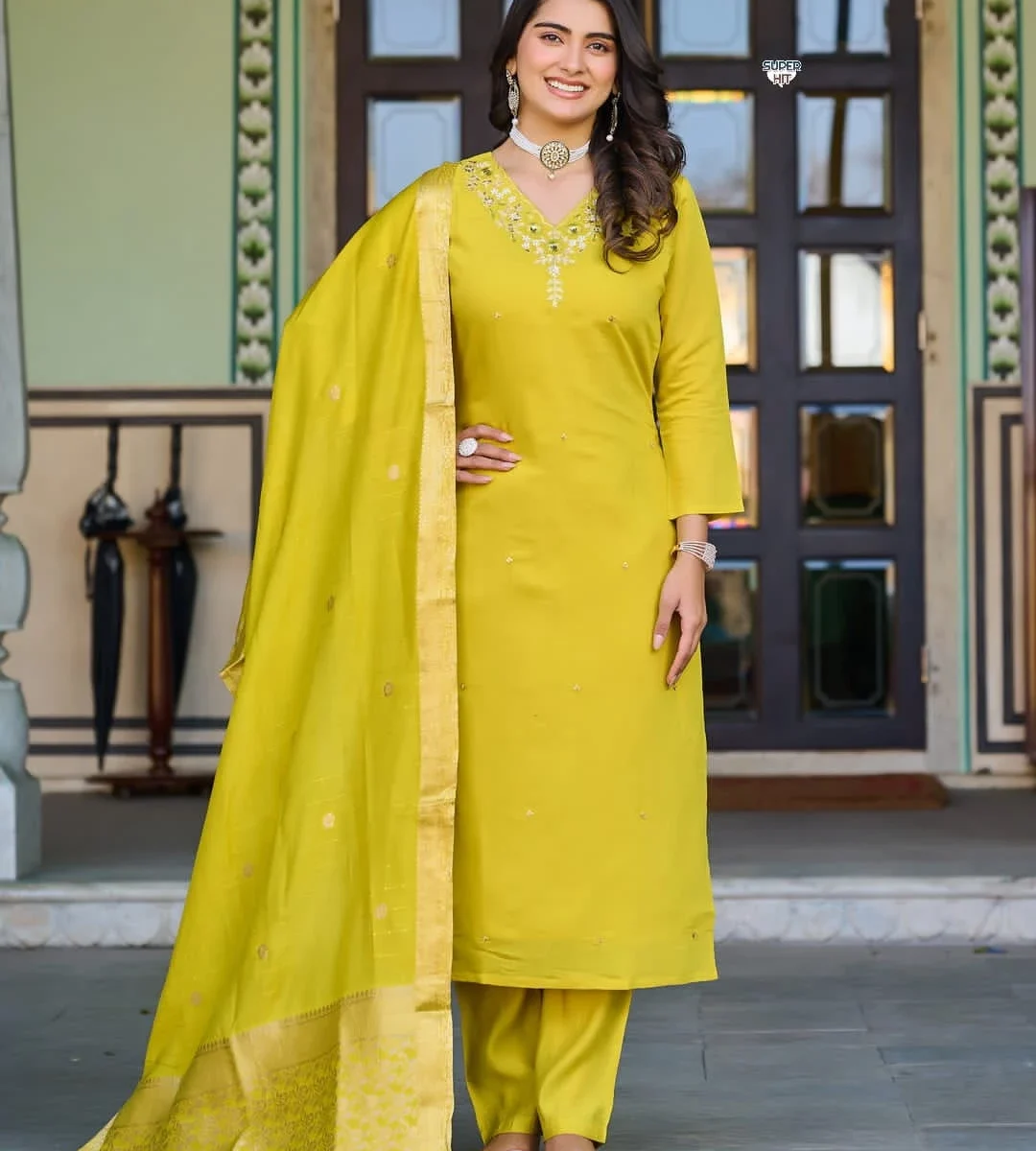 Party Wear Yellow Roman Silk Suit Set