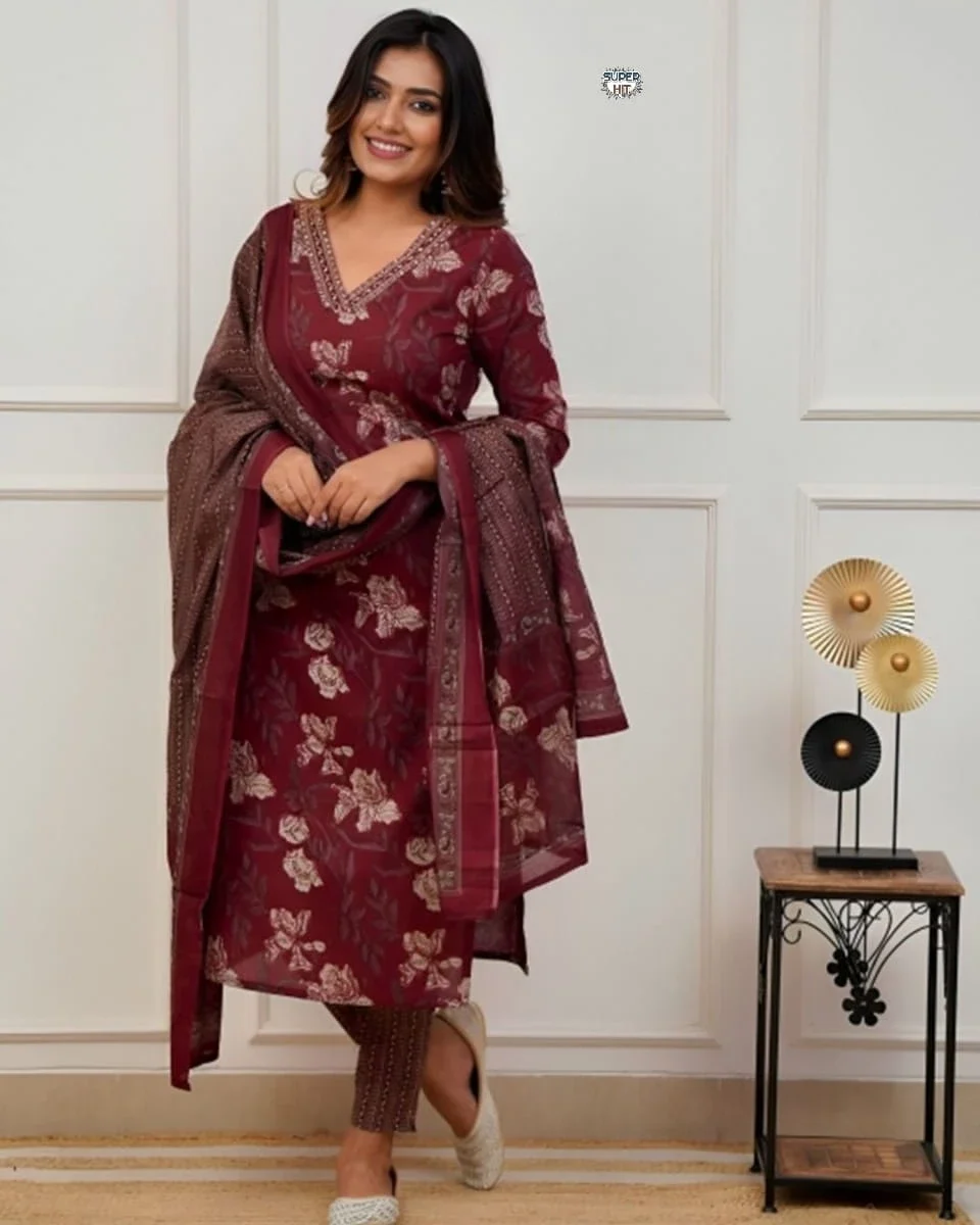 Printed Cotton Suit Set With Dupatta