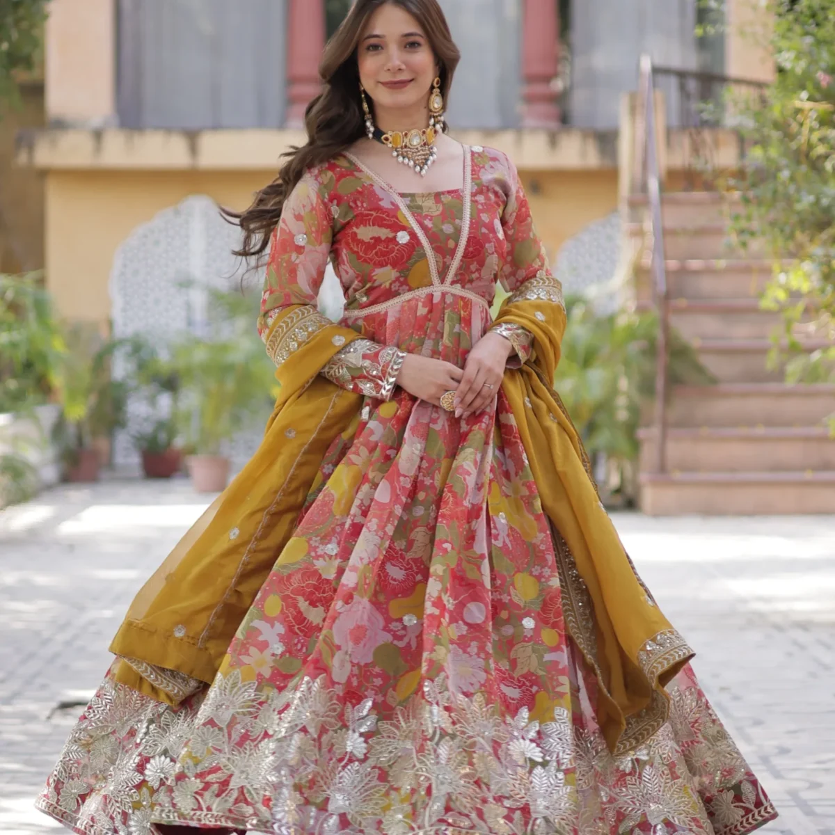 Multicolored Flared Suit Set For Party Wear
