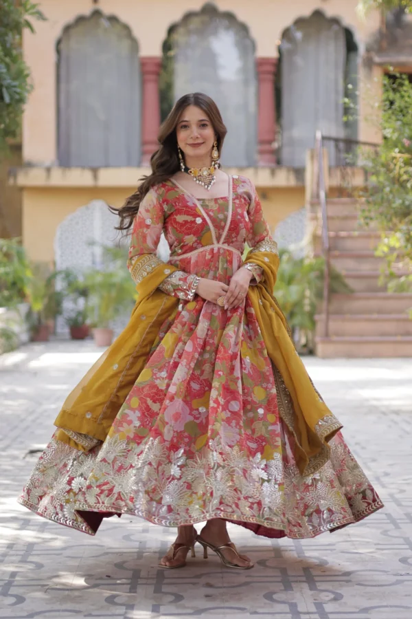 Multicolored Flared Suit Set For Party Wear