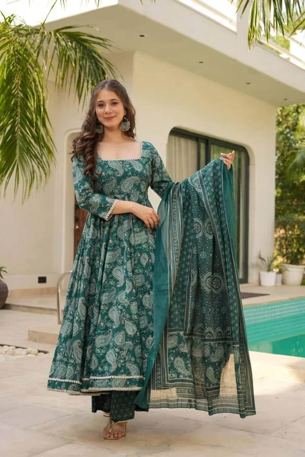 Flared Green Party Wear Suit Set