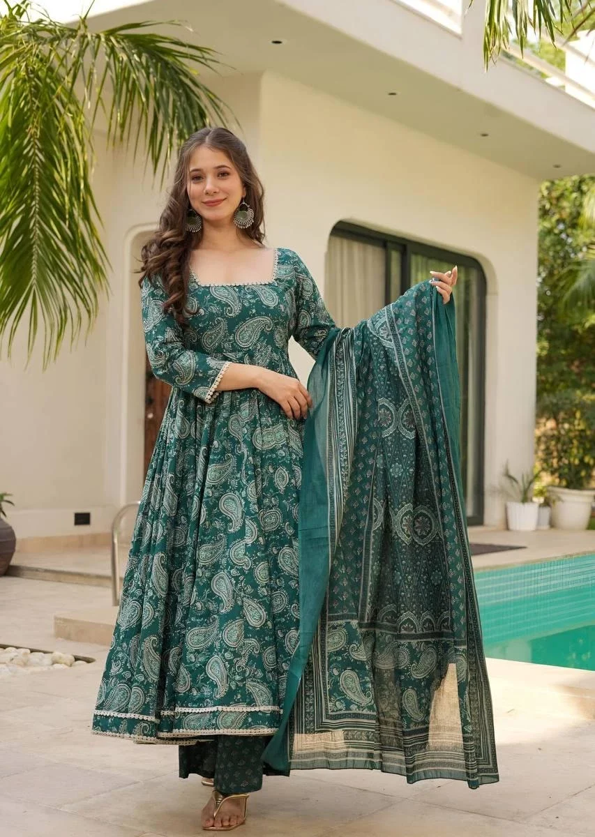 Flared Green Party Wear Suit Set