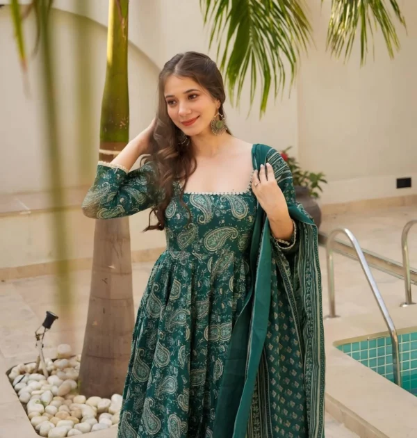 Flared Green Party Wear Suit Set