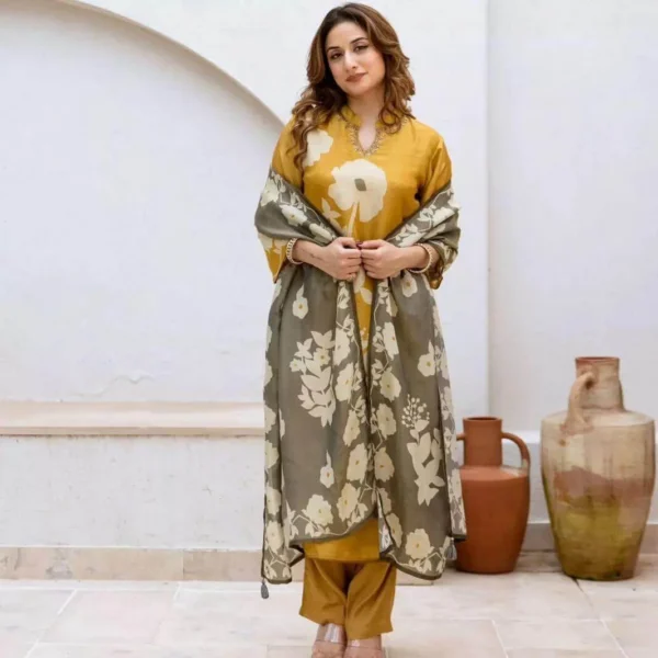 Yellow Colour Long Kurti Pant Dupatta Set