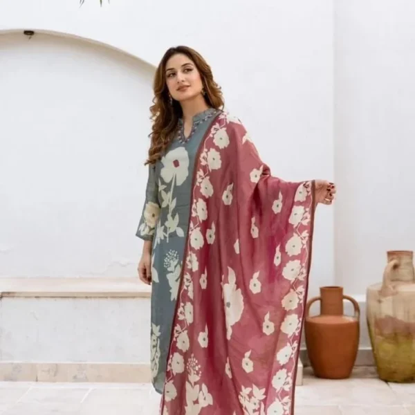 Cotton Grey Kurti Pant Dupatta Set