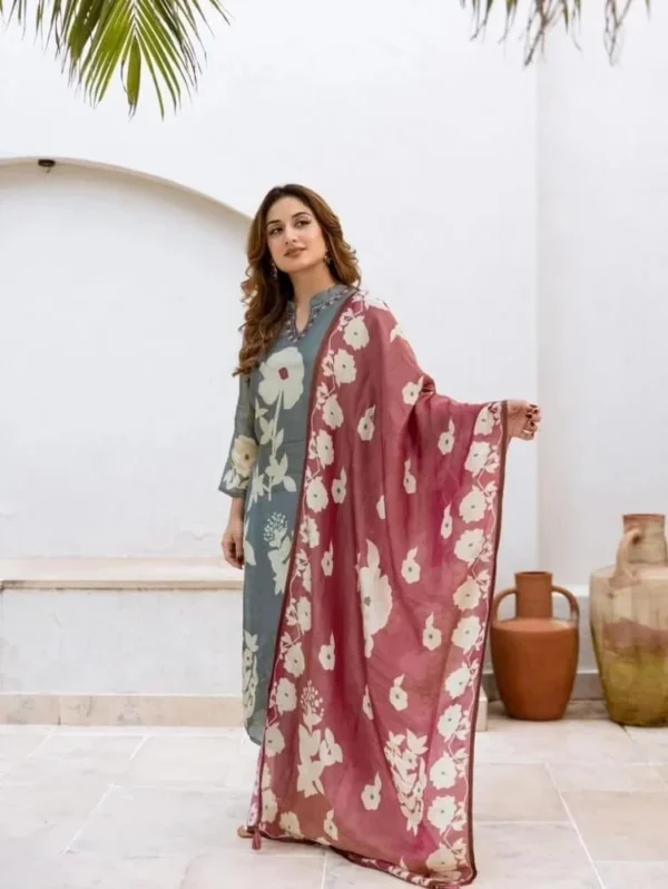 Cotton Grey Kurti Pant Dupatta Set