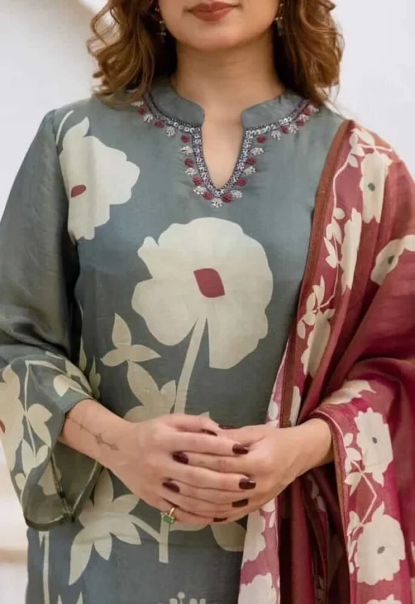 Cotton Grey Kurti Pant Dupatta Set