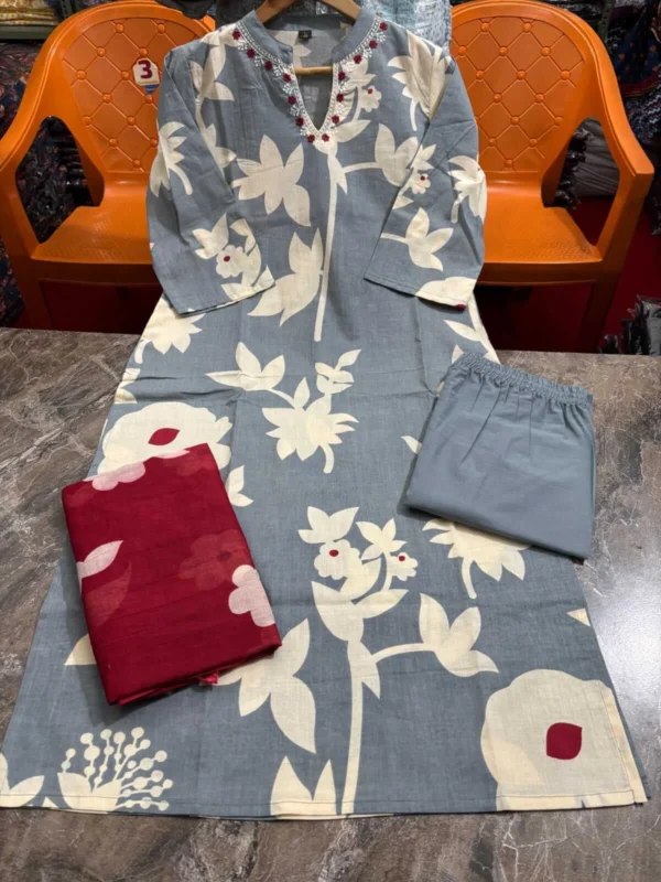 Cotton Grey Kurti Pant Dupatta Set