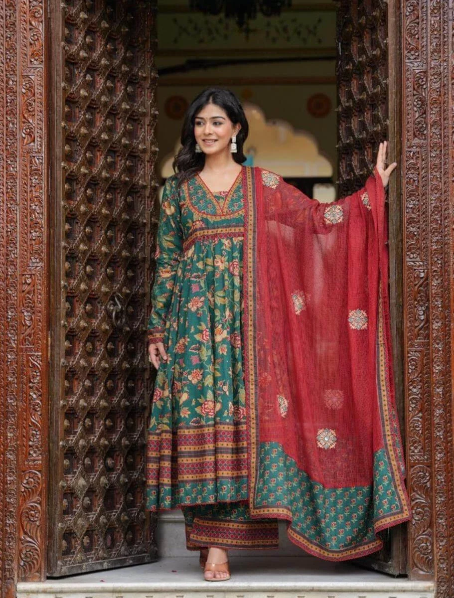 Cotton Women Flared Anarkali Suit Set