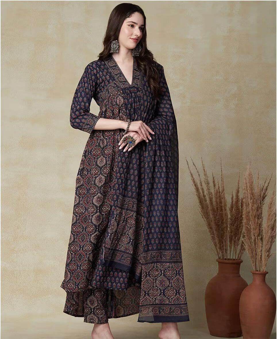 Printed Cotton Kurti Pant Dupatta Set