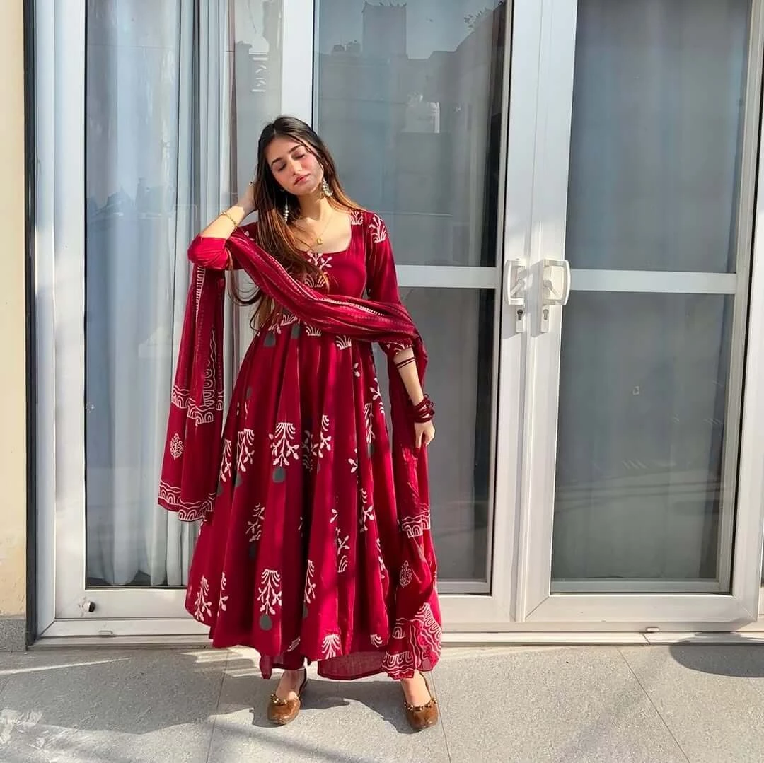 Maroon Cotton Full Flared Anarkali Suit Set​