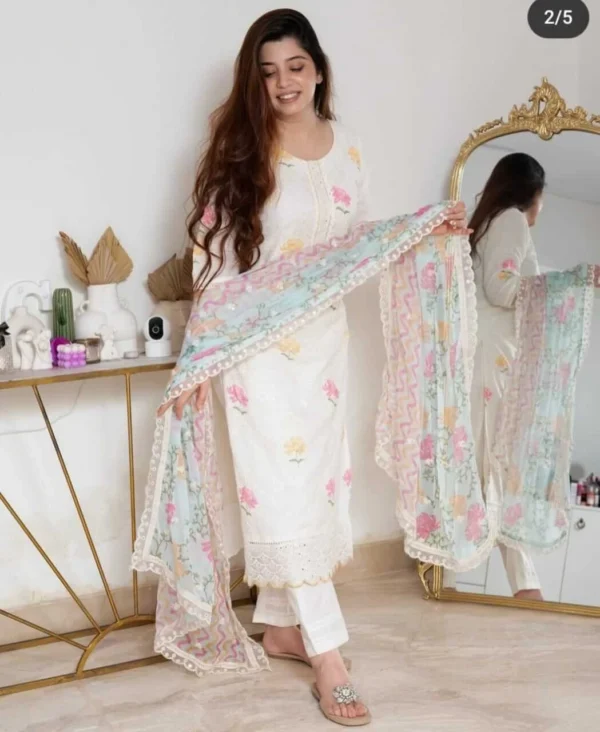 Chicken Shiffli Work White Suit Set
