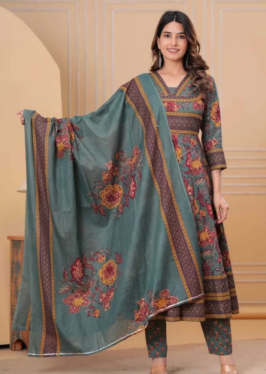 Cotton Ajrakh Printed Anarkali Suit Set​