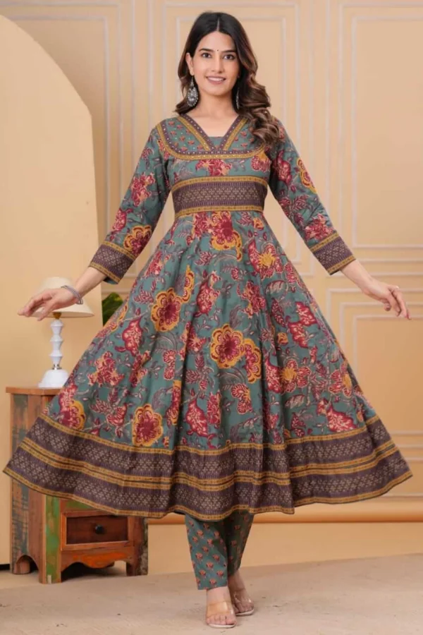 Cotton Ajrakh Printed Anarkali Suit Set​