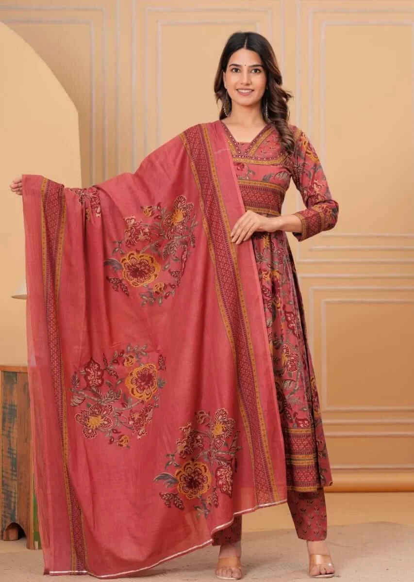 Flared Anarkali Cotton Suit Set