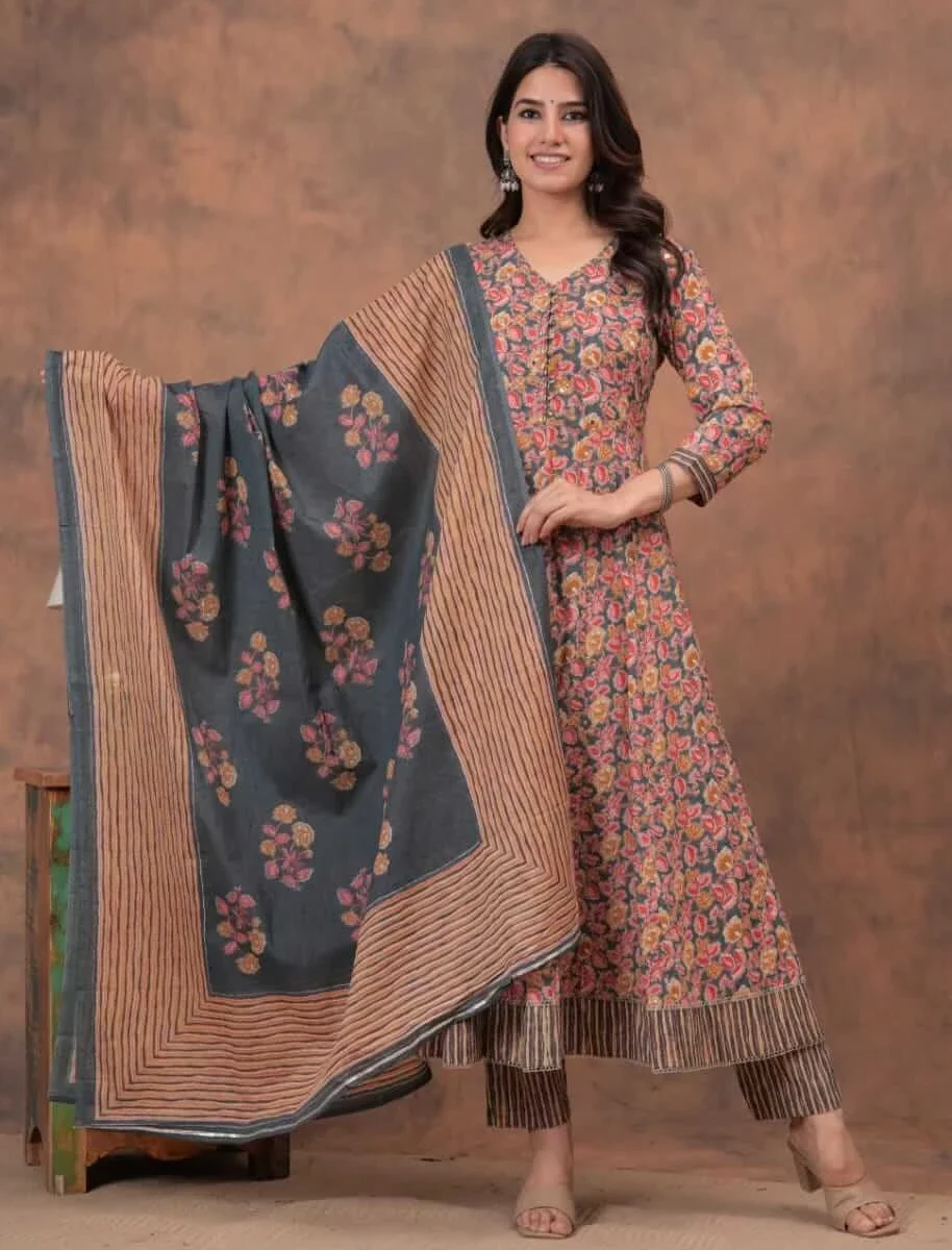 Anarkali Cotton Ajrakh Printed Suit Set