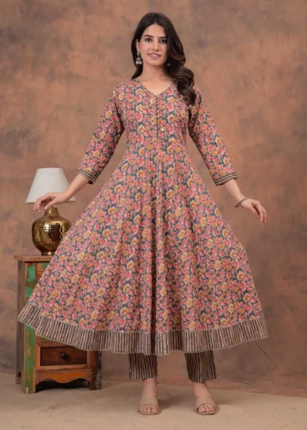 Anarkali Cotton Ajrakh Printed Suit Set