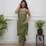Green Cotton Sleeveless Kurti Pant Set