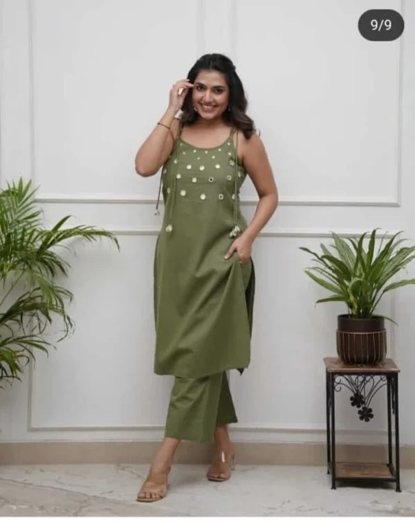 Green Cotton Sleeveless Kurti Pant Set